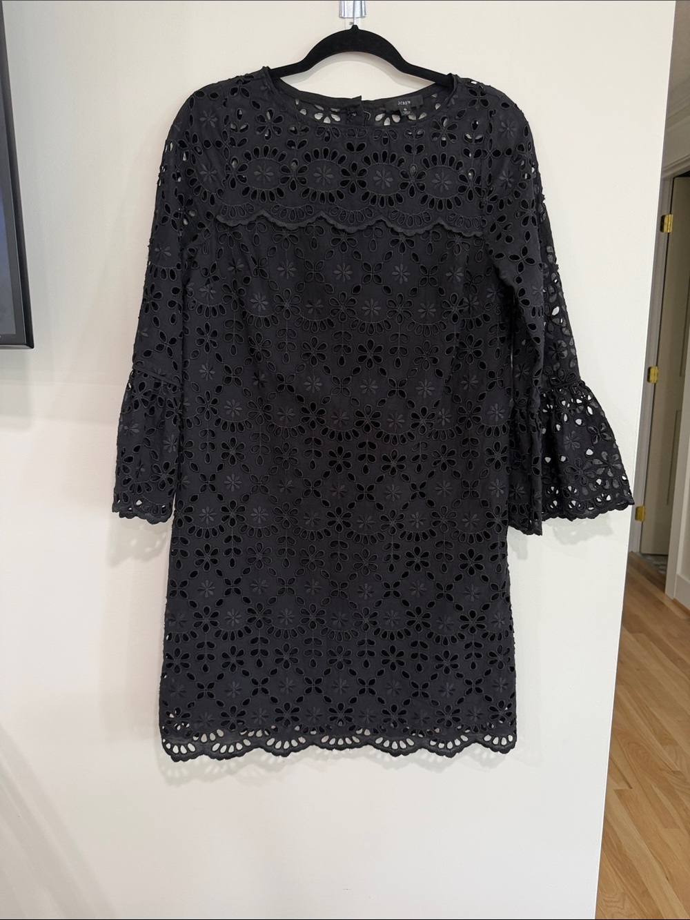J. Crew Black Eyelet Lace Mini Dress with Bell Sleeves